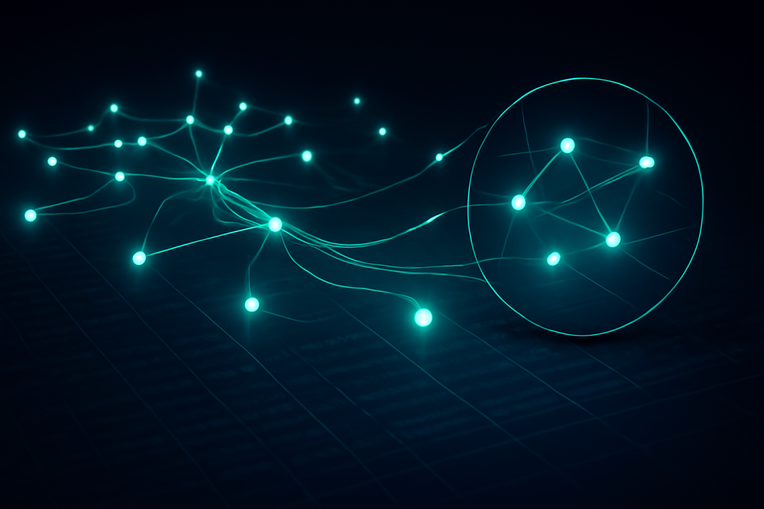 Connected blue transaction trails with a magnifying glass highlighting account relationships.