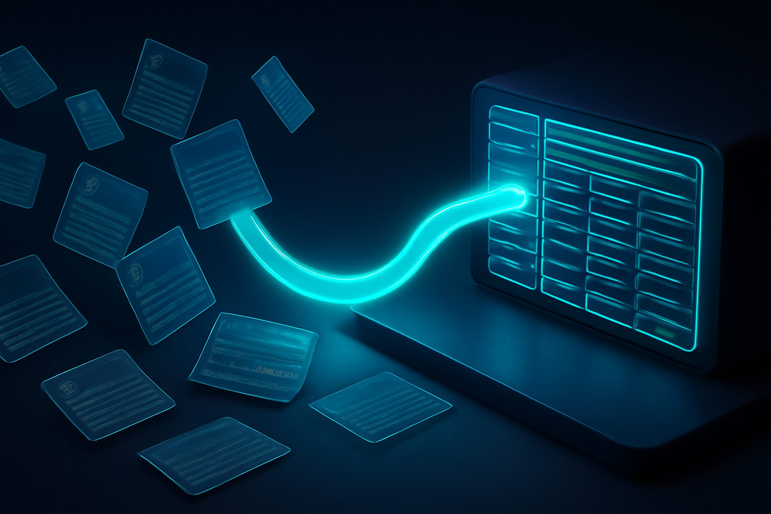 Statements brought together into a structured transaction ledger, connected by a blue light trail.